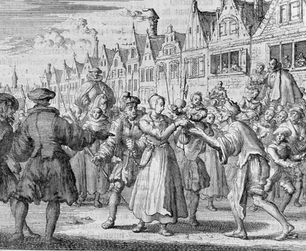 Engraving of a woman surrounded by a crowd in a city street