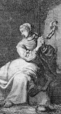 Engraving of a woman chained in a prison cell