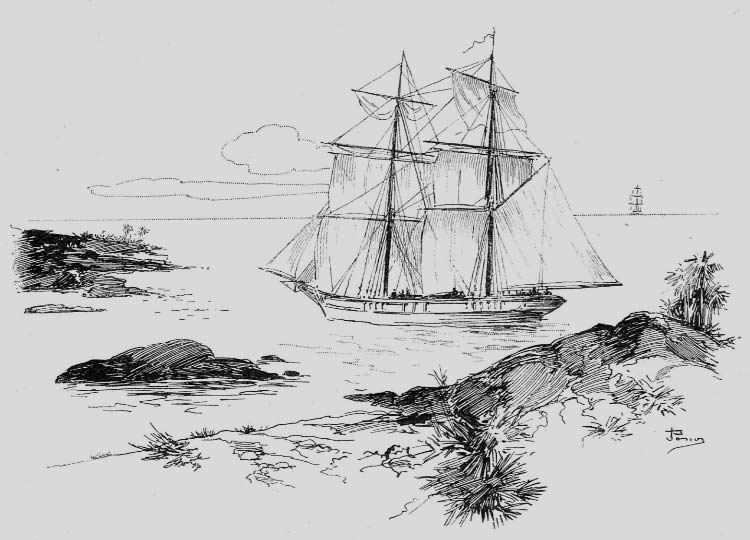 A sailing ship passing rocks near the coast.