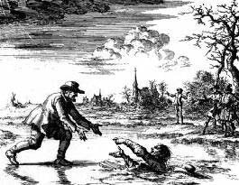 Dirk Willems reaches toward his pursuer who has fallen through the ice