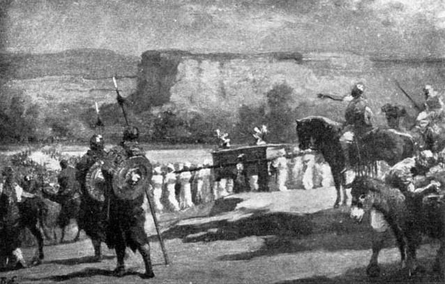 Armed figures and a procession approaching a walled city
