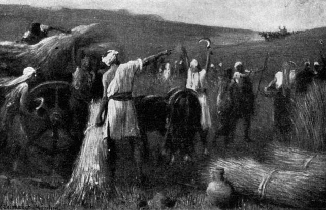 Travellers with laden animals beside hills