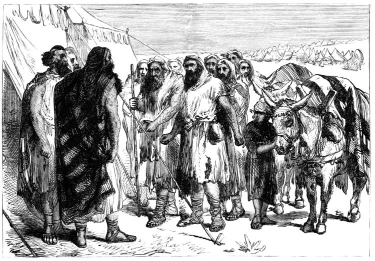 Travellers and a laden donkey facing a group of men
