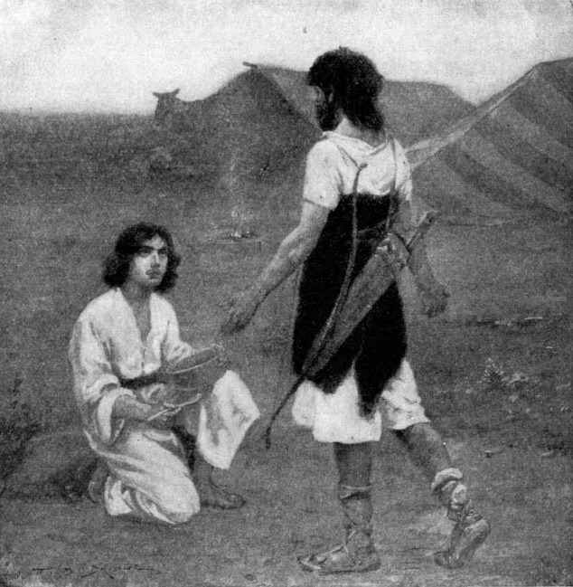 A seated man holding a bowl beside a standing hunter