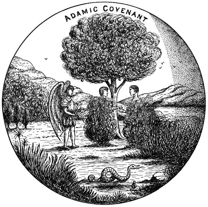Adam and Eve beside a tree in a circular drawing marked ADAMIC COVENANT