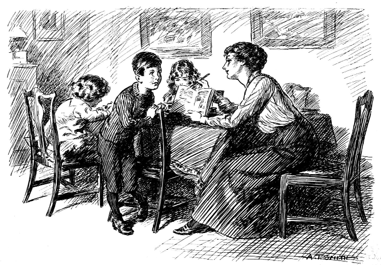 A woman reading with three children