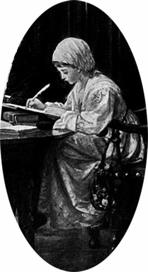 A woman seated at a desk writing