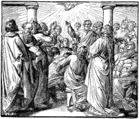 An engraving of people gathered indoors around a seated woman.