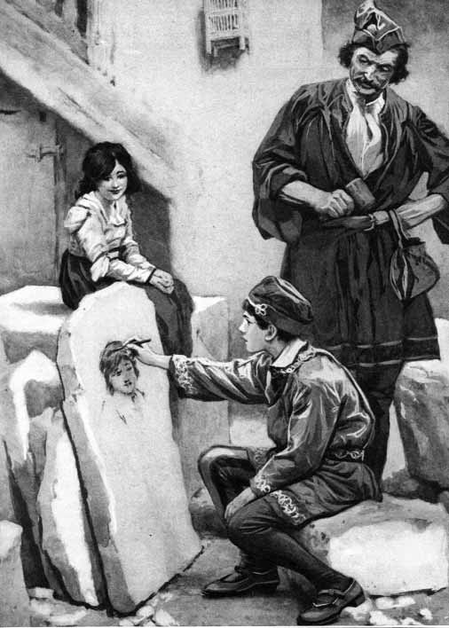 Illustration of three figures beside a wall, including a seated person reaching toward a child