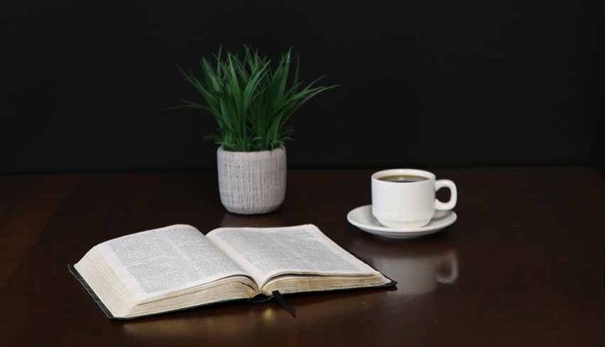 An open Bible, a potted plant, and a cup of coffee on a dark table