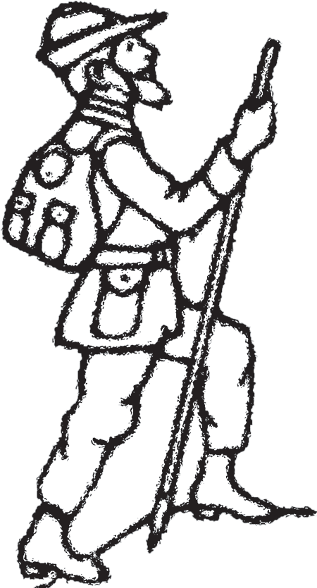 Black-and-white illustration of a hiker carrying a backpack and walking stick