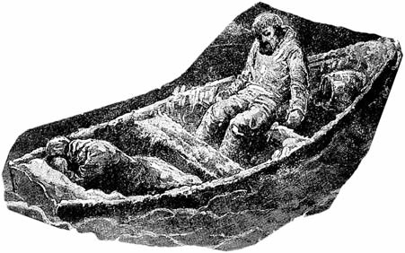 Black-and-white illustration of men sitting in small boats on the water