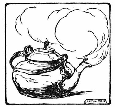 Black-and-white cartoon of a lidded pot boiling vigorously, signed Anton Pieck