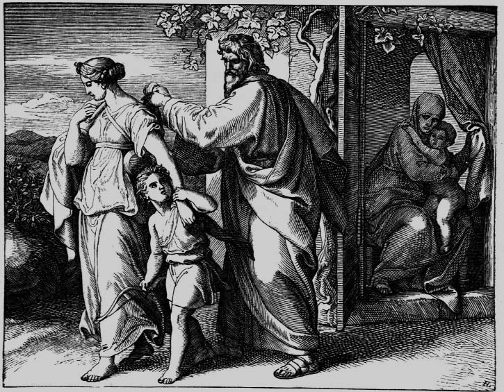 An older man sending a woman and child away while a seated woman watches.