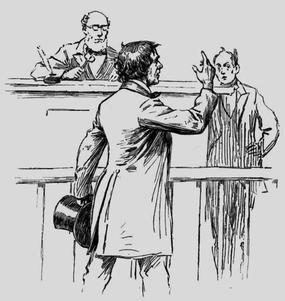 Courtroom illustration with a man raising one hand, another man behind a rail, and a seated judge