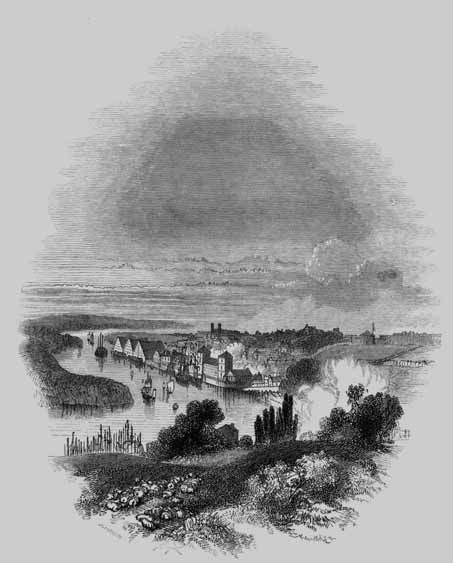 Engraving of buildings beside a river and wooded landscape