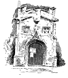 Line drawing of an arched doorway in a damaged building