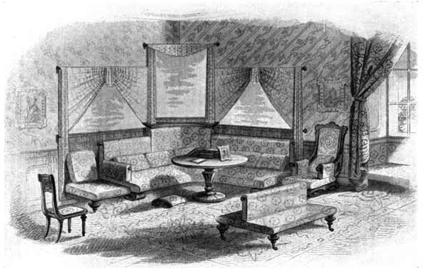 Engraving of a furnished sitting room with chairs, couches, and a round table