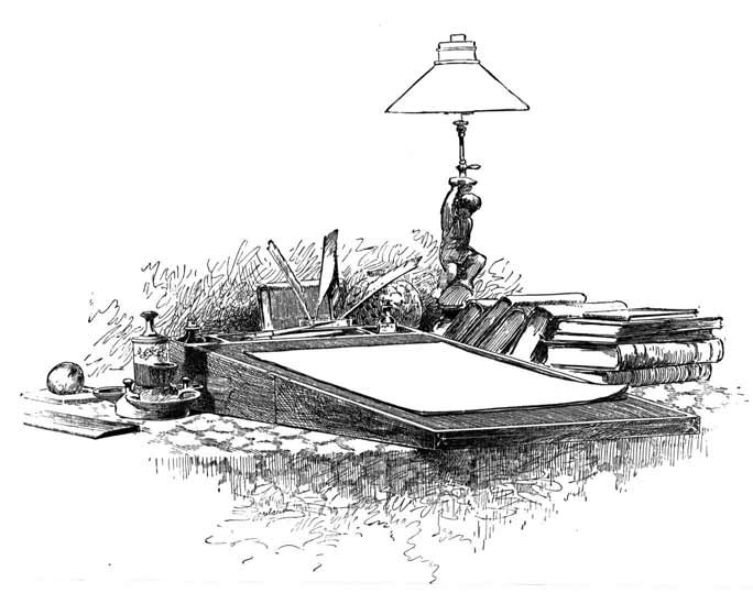 Engraving of a writing desk, lamp, books, and papers