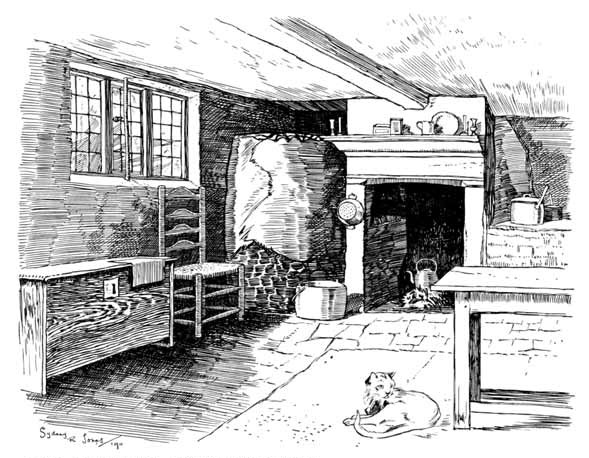 Engraving of a room with a fireplace, chairs, a table, and a cat