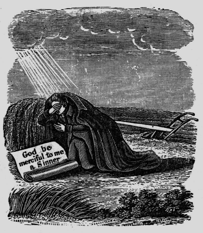 Kneeling man beside a sign reading God be merciful to me a Sinner