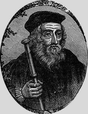 Oval engraved portrait of John Wickliffe holding a staff