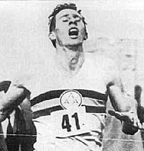 Roger Bannister wearing race number 41 during his four-minute-mile run