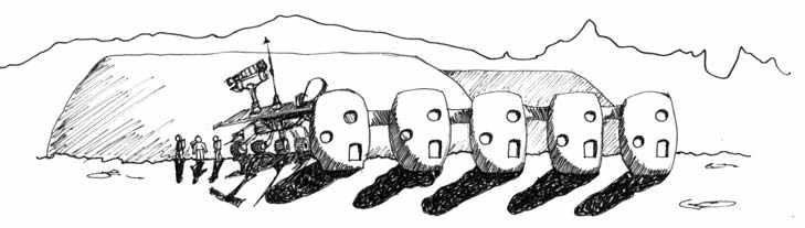 Drawing of a Mars settlement with a rover and connected living quarters