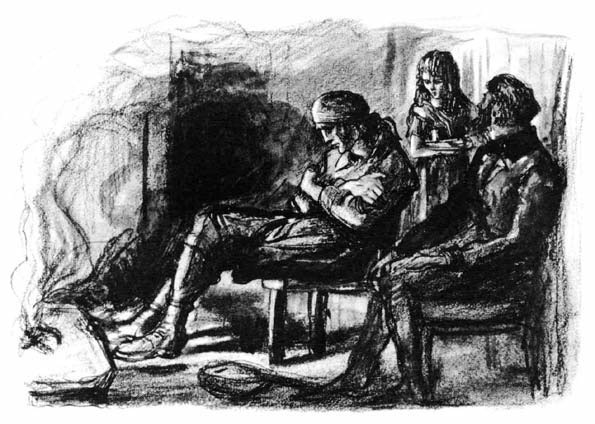 Sketch of people seated by a fireplace