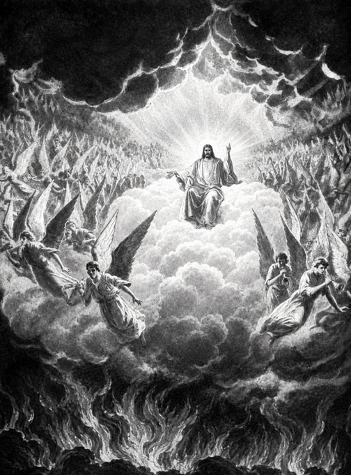 Judgment scene above flames.