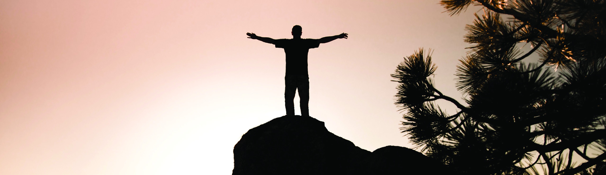 Silhouette of a man standing on a rocky outcrop with arms extended beside pine branches