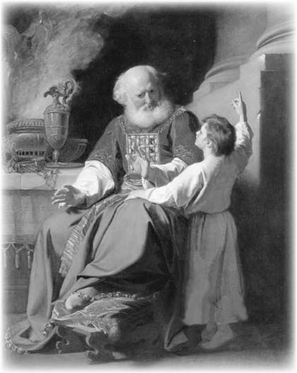 A seated Eli speaks with the young Samuel