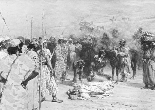 Biblical illustration showing a group of people, livestock and supplies