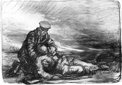 An illustrated man attending another man who lies on the ground