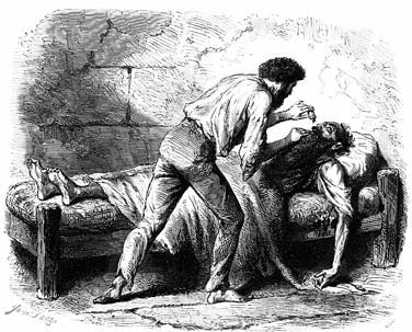 An illustrated man helping another man who lies on a bed