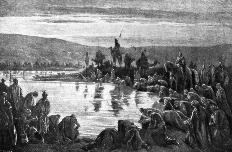 Men drinking beside a river with mounted figures nearby