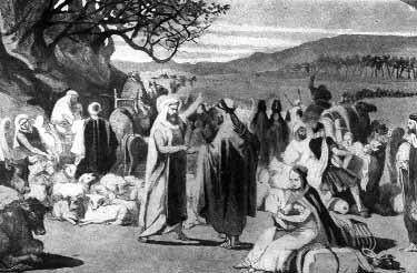 Biblical scene of a group gathered outdoors with children