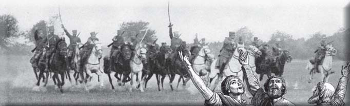horsemen moving across a battlefield