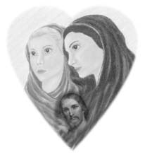 Two women and a bearded man within a heart-shaped illustration.