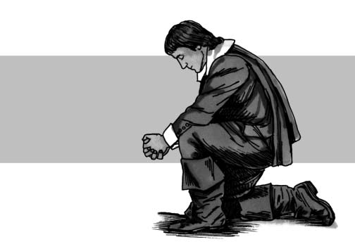 Illustration of a kneeling man with hands clasped and head bowed.