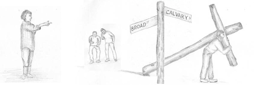 A man points at a scene with two people, road signs to Broad Street and Calvary, and a person carrying a cross.