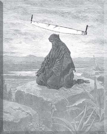 A cloaked figure kneels under a large saw