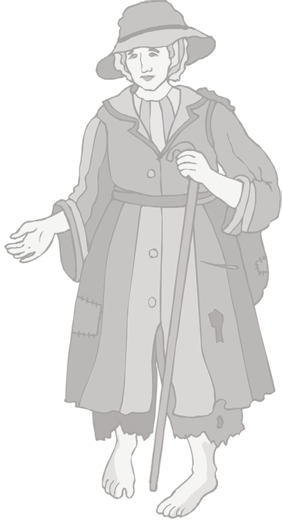 Illustration of a barefoot woman in a worn coat and hat