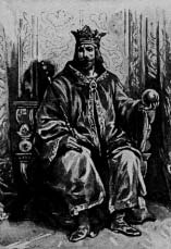 A crowned king seated on a throne.