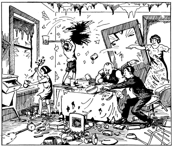A family in a chaotic room gathered around a television