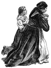 A woman and child kneel with their hands clasped.