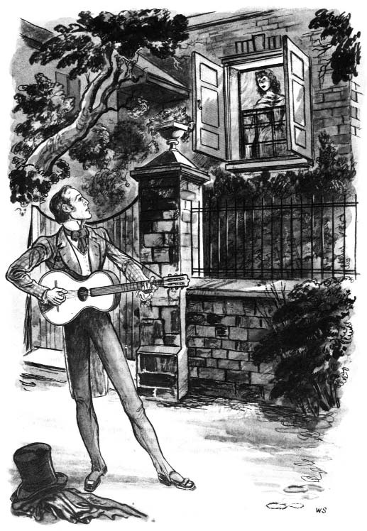 A young man with a guitar serenades a woman at an open window