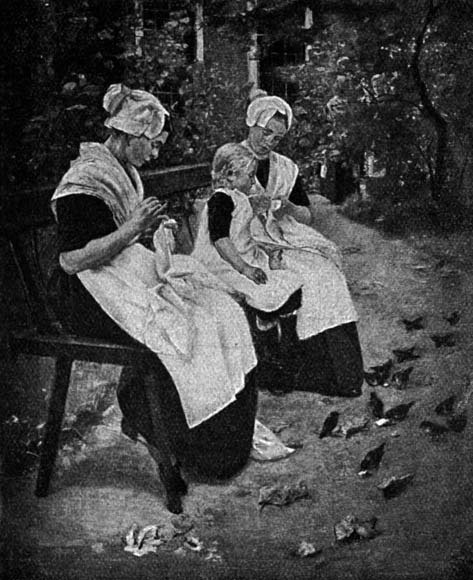 Two bonneted women sit on a bench beside birds