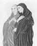 Grayscale illustration of women with covered heads