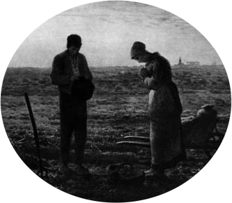 A man and a woman bow their heads in a field.